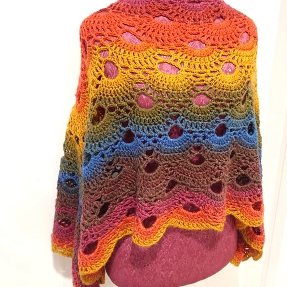 Hand Crocheted Virus Shawl in Fall Rainbow Colors M/L - Picture 2 of 5